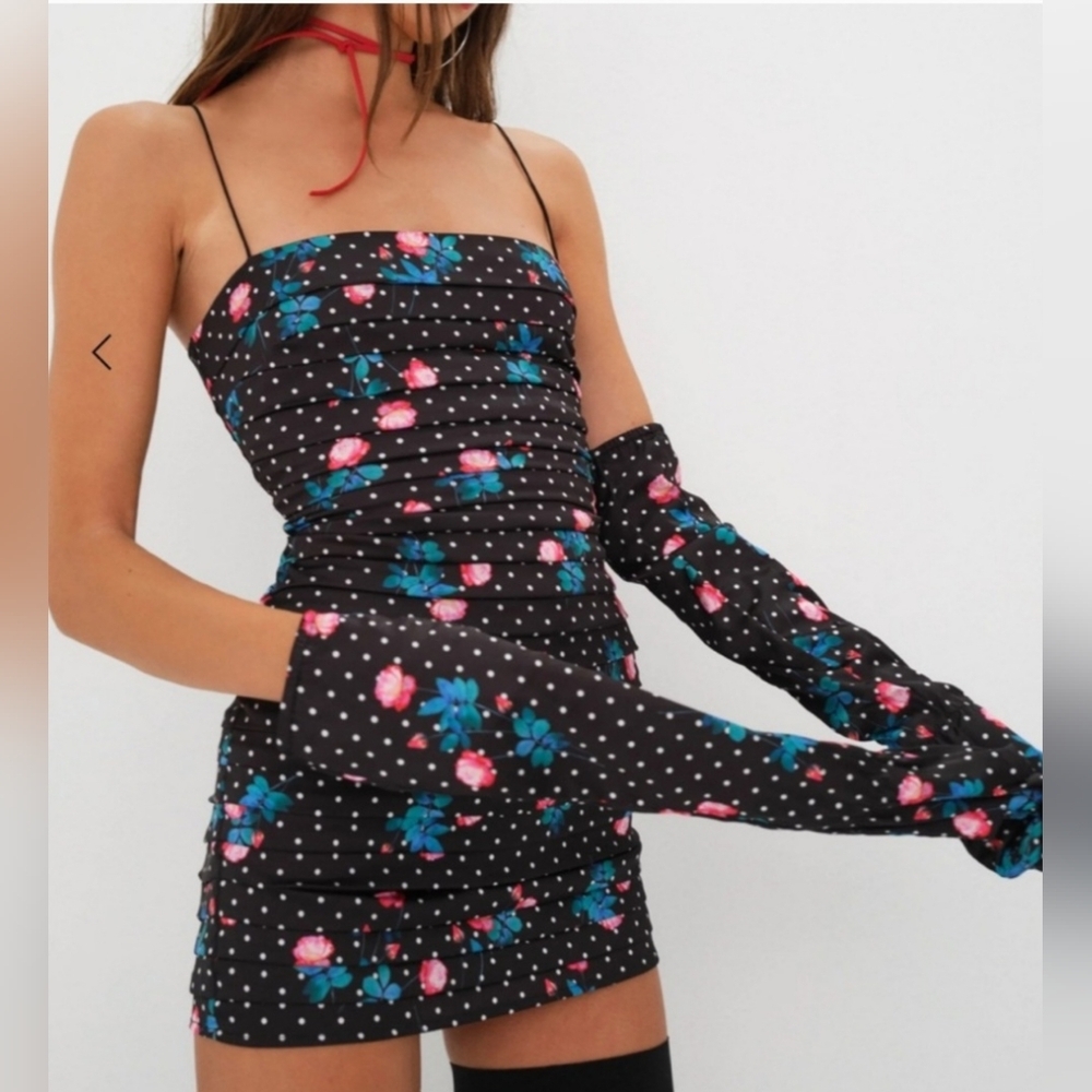 For Love and Lemons Posey Mini Dress Micro Dot Floral Cottage Goth with Gloves L